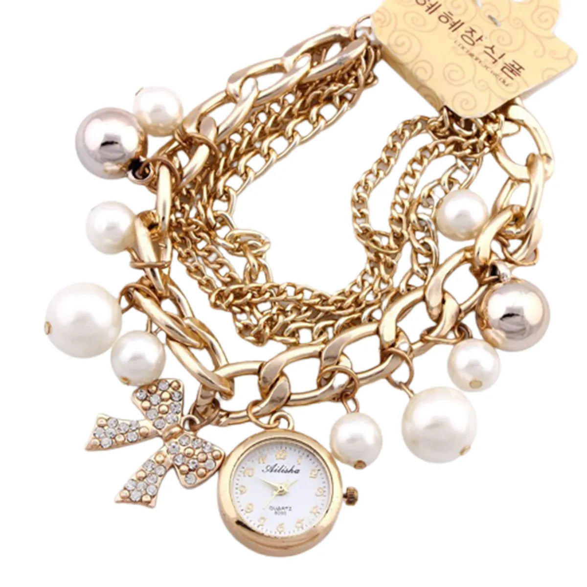 Golden Watch Pearls Bracelet and Ladies Watches For Girls