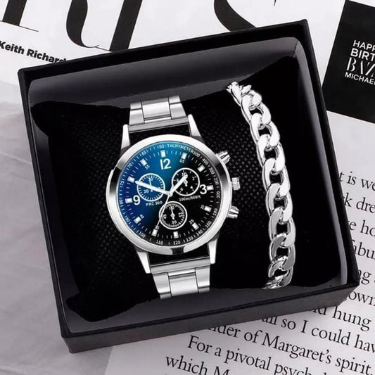 Classic Luxury Watch for Men / Boys With Silver Hand/Wrist Bracelet Chain