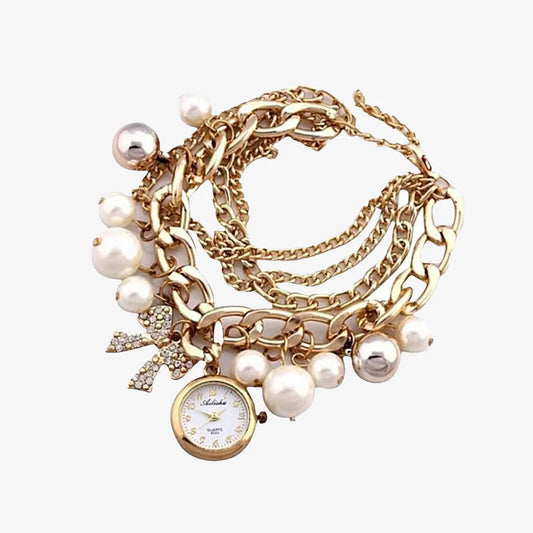 Golden Watch Pearls Bracelet and Ladies Watches For Girls