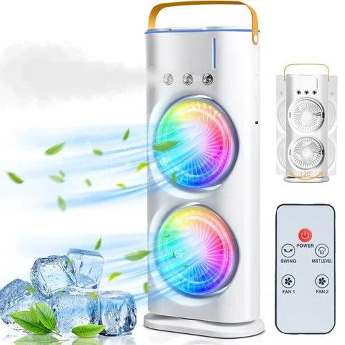 Rechargeable Mist Fan - Dual Spray with Automatic Rotation and Lighting Effects